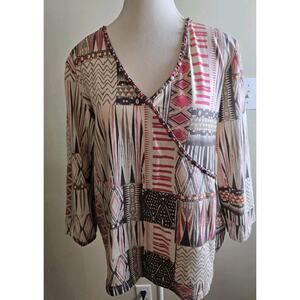 Ruby Rd Womens Shirt Size XL 3/4 Sleeves Boho Comfy Pullover Cream Brown Coral